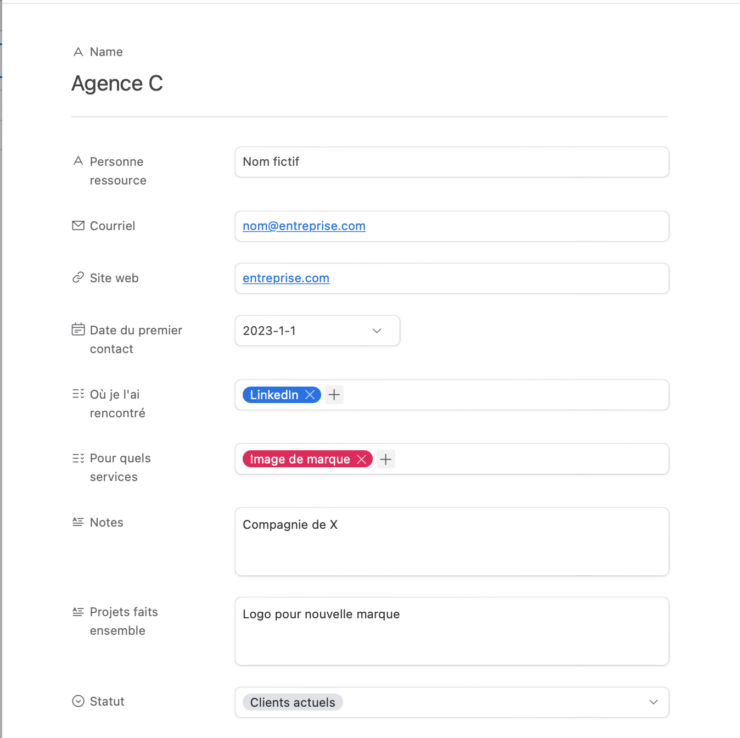 Fiche d'un lead dans Airtable